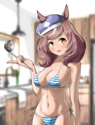 Rule 34 | 1girl, absurdres, animal ears, bad id, bad pixiv id, beret, bikini, blurry, blurry background, blush, breasts, celmotor, cleavage, collarbone, commentary request, covered erect nipples, ears through headwear, hair ornament, hairclip, hat, highres, holding, holding ladle, horse ears, horse girl, horse tail, kitchen, ladle, matikane tannhauser (umamusume), medium breasts, navel, open mouth, side-tie bikini bottom, solo, striped bikini, striped clothes, swimsuit, tail, umamusume, vertical-striped bikini, vertical-striped clothes, yellow eyes