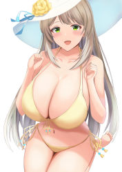 Rule 34 | 1girl, :d, absurdres, bikini, blue archive, blush, breasts, brown hair, cleavage, green eyes, hat, highres, kevin5573, large breasts, long hair, looking at viewer, navel, nonomi (blue archive), nonomi (swimsuit) (blue archive), open mouth, seiza, side-tie bikini bottom, simple background, sitting, smile, soles, solo, straw hat, swimsuit, thighs, toes, white background, yellow bikini