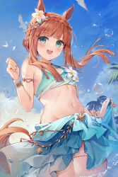 Rule 34 | 1girl, animal ears, armlet, bare shoulders, bikini, bikini skirt, blue bikini, blue eyes, blue sarong, blue sky, blunt bangs, blunt ends, bracelet, braid, breasts, commentary request, cowboy shot, crown braid, day, flower, frilled bikini, frills, groin, hair flower, hair ornament, highres, horse ears, jewelry, kita (kitairoha), looking at viewer, medium hair, navel, official alternate costume, official alternate hairstyle, open mouth, orange hair, outdoors, palm leaf, palm tree, ribs, sarong, sarong hold, signature, silence suzuka (emerald on the waves) (umamusume), silence suzuka (umamusume), sky, small breasts, smile, solo, stomach, swimsuit, tareme, tree, umamusume, wading, water