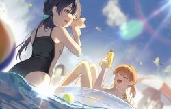 2girls :d ;d black_one-piece_swimsuit blue_eyes blue_hair blue_ribbon blue_sky blurry blurry_background closed_eyes cloud crossed_bangs dark_blue_hair day dkou dutch_angle fujishima_megumi hair_ornament hair_ribbon hashtag-only_commentary highres hinoshita_kaho holding holding_water_gun knees_up light_particles link!_like!_love_live! long_hair love_live! low_twintails medium_hair momose_ginko multiple_girls murano_sayaka on_innertube one-piece_swimsuit one_eye_closed open_mouth orange_hair otomune_kozue outdoors rabbit_hair_ornament ribbon sky smile swimsuit twintails virtual_youtuber wading water_gun white_innertube