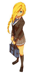 Rule 34 | 1girl, bag, blonde hair, blue eyes, full body, hair over one eye, inazuma eleven (series), inazuma eleven go, inazuma eleven go chrono stone, long hair, looking at viewer, necktie, no pupils, pleated skirt, reiza, school bag, school uniform, sekina, simple background, skirt, solo, standing, white background