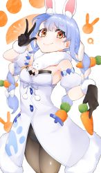 Rule 34 | 1girl, absurdres, animal ears, armband, black gloves, black leotard, black pantyhose, blue hair, braid, breasts, carrot, carrot hair ornament, closed mouth, coat, coat dress, cowboy shot, don-chan (usada pekora), dress, food, food-themed hair ornament, fur-trimmed coat, fur-trimmed gloves, fur scarf, fur trim, gloves, hair ornament, highres, holding, holding food, holding vegetable, hololive, hololive fantasy, leotard, leotard under clothes, long hair, looking at viewer, multicolored hair, notice lines, pantyhose, rabbit ears, red eyes, scarf, small breasts, smile, solo, standing, strapless, strapless coat, strapless dress, strapless leotard, twin braids, twintails, two-tone hair, usada pekora, usada pekora (1st costume), vegetable, virtual youtuber, w, white background, white hair, white scarf, zukki0731
