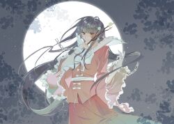 Rule 34 | 1girl, black hair, bow, branch, collared shirt, cowboy shot, cuffs, frilled shirt collar, frilled sleeves, frills, full moon, highres, holding, holding branch, houraisan kaguya, jeweled branch of hourai, long hair, long skirt, moon, neck ribbon, night, outdoors, parted lips, pink shirt, pleated skirt, red eyes, red skirt, renjian duan hong, ribbon, shackles, shirt, shirt bow, skirt, solo, touhou, white bow, white ribbon, wide sleeves