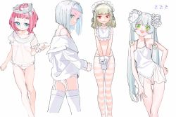 Rule 34 | 4girls, aqua eyes, bare shoulders, bib, blouse, blue eyes, blue hair, borrowed character, bow, camisole, commentary request, cropped legs, crown, flower, garter straps, gloves, green eyes, grey hair, hair bow, hair flower, hair ornament, hairband, highres, kaede (shijie heping), light blue hair, lingerie, long hair, maid headdress, medium hair, multiple girls, navel, off shoulder, open mouth, orange eyes, original, own hands together, panties, pantyhose, pink hair, revealing clothes, see-through, see-through shirt, shirt, short hair, simple background, sketch, smile, striped clothes, striped legwear, striped thighhighs, thigh gap, thighhighs, twintails, underwear, very long hair, white background, white gloves, white hair, white panties, white shirt, wrist cuffs