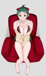 Rule 34 | 1girl, armchair, barefoot, beige jacket, between legs, bikini, bikini under clothes, black bikini, breasts, chair, cleavage, collarbone, couch, full body, green eyes, green hair, grey background, hair ornament, hand between legs, highres, hood, hooded jacket, hoodie, irako (kancolle), jacket, kantai collection, large breasts, light smile, long hair, long sleeves, looking at viewer, no pants, off-shoulder jacket, off shoulder, ojipon, ponytail, simple background, sitting, smile, solo, swimsuit, swimsuit under clothes, toenails, toes