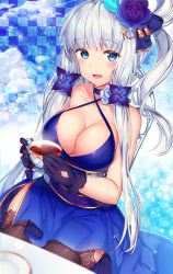 Rule 34 | 1girl, 2hands1cup, :d, alternate costume, azur lane, bare arms, bare shoulders, bell, black gloves, black thighhighs, blue dress, blue eyes, blunt bangs, blush, breasts, checkered background, cleavage, collarbone, criss-cross halter, cup, dress, drink, flower, gem, glint, gloves, hair flower, hair ornament, hair rings, halter dress, halterneck, holding, holding cup, illustrious (azur lane), illustrious (never-ending tea party) (azur lane), large breasts, long hair, looking at viewer, low twintails, maru (sw1tch), mole, mole under eye, one side up, open mouth, pearl (gemstone), plate, purple flower, purple rose, rose, shiny skin, silver hair, sitting, sleeveless, sleeveless dress, smile, solo, table, tareme, tea, teacup, thighhighs, twintails
