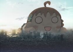 1girl :d ahoge blue_sky blush_stickers braid cityscape clover_hair_ornament commentary day english_commentary hair_ornament love_live! love_live!_sunshine!! nesoberi o_o open_mouth orange_hair oversized_object redame side_braid sky smile solo takami_chika