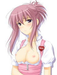 Rule 34 | 00s, 1girl, anna miller, blush, breasts, breasts out, character name, chikage (sister princess), collarbone, female focus, heart, looking at viewer, masakichi (crossroad), medium breasts, nipples, pink hair, purple eyes, short sleeves, simple background, sister princess, solo, upper body, waitress, white background