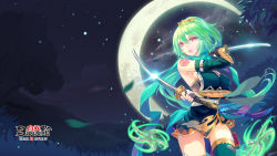 Rule 34 | bloodline, green hair, green thighhighs, hair between eyes, highres, holding, holding sword, holding weapon, long hair, ninja, non-web source, solo, spring (bloodline), sword, tagme, teeth, thighhighs, upper teeth only, very long hair, weapon
