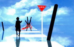 Rule 34 | 1boy, bad id, bad pixiv id, blood, cloud, crosswalk, day, kagerou days (vocaloid), kagerou project, kurokii, male focus, reflection, sign, silhouette, sky, solo, vocaloid