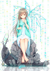 Rule 34 | 1girl, bad feet, barefoot, brown eyes, brown hair, dararito, dress, full body, gem, holding, jacket, legs, long hair, long sleeves, looking at viewer, open clothes, open jacket, original, pearl (gemstone), reflection, robot, sitting, smile, snail, solo, sweater, toes, umbrella, white background, white dress, wind chime