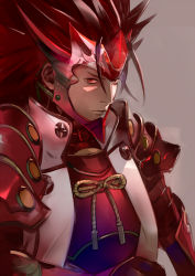 Rule 34 | 1boy, armor, brown background, brown hair, fire emblem, fire emblem fates, gloves, long hair, male focus, nintendo, red eyes, ryoma (fire emblem), saiga tokihito, simple background, solo