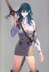 Rule 34 | 1girl, bare legs, belt, blue eyes, blue hair, breasts, byleth (female) (fire emblem), byleth (female) (summer wear) (fire emblem), byleth (fire emblem), fire emblem, fire emblem: three houses, garreg mach monastery uniform, grey background, hair between eyes, heroes relic (fire emblem), high-waist skirt, holding, holding weapon, large breasts, leggings, long hair, long sleeves, looking at viewer, nintendo, official alternate costume, sheath, sheathed, simple background, skirt, solo, sword, sword of the creator, thigh gap, thighs, torn clothes, torn legwear, tsukimura noe, uniform, weapon