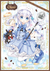 Rule 34 | 1girl, :o, adapted costume, animal, animal hat, anko (gochiusa), blue background, blue eyes, blue footwear, blue hair, blue neckwear, blue skirt, blue vest, blush, border, bow, bowtie, breasts, brooch, brown border, buttons, character hat, character name, chohee, coffee beans, collared shirt, copyright name, crescent, crown, cup, frilled skirt, frills, full body, gloves, gochuumon wa usagi desu ka?, hair between eyes, hat, highres, holding, holding staff, jewelry, kafuu chino, latte art, light blue hair, long hair, looking at viewer, magical girl, mary janes, mini crown, open mouth, pantyhose, puffy short sleeves, puffy sleeves, rabbit, rabbit hat, red neckwear, saucer, shirt, shoes, short sleeves, sidelocks, skirt, small breasts, spoon, staff, star (symbol), striped, striped background, tippy (gochiusa), twintails, v, vertical stripes, vest, white gloves, white pantyhose, white shirt, wild geese, wing collar, wings
