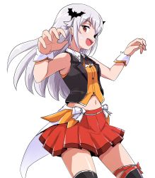 Rule 34 | 1girl, :d, bat hair ornament, black thighhighs, black vest, brown eyes, claw pose, collared shirt, cowboy shot, cropped shirt, cropped vest, foreshortening, from side, grey hair, hair flaps, hair ornament, hairclip, highres, hololive, kotoriinu, leg ribbon, long hair, midriff, miniskirt, navel, neck ribbon, official alternate hair color, open mouth, pleated skirt, red skirt, ribbon, shirt, simple background, skirt, sleeveless, sleeveless shirt, smile, solo, sticker on face, straight hair, thigh ribbon, thighhighs, tokino sora, vest, virtual youtuber, waist cape, white background, wrist cuffs, yellow shirt, yoruno sora