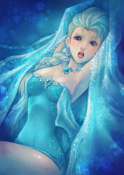 Rule 34 | 1girl, :o, bare shoulders, blonde hair, blue eyes, blush, braid, breasts, cape, cleavage, dark pursuer, dress, earrings, elsa (frozen), frozen (disney), hair over shoulder, highres, jewelry, lipstick, long hair, makeup, necklace, single braid, snowflakes, solo, strapless, strapless dress