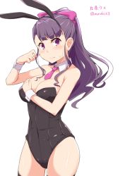 Rule 34 | 1girl, animal ears, bare shoulders, black thighhighs, blush, bow, breasts, cleavage, detached collar, fake animal ears, hair bow, hair ribbon, kichihachi, kujou ume, leotard, long hair, looking at viewer, necktie, playboy bunny, purple eyes, purple hair, rabbit ears, ribbon, solo, sweatdrop, thighhighs, tokyo 7th sisters, twitter username, white background, wrist cuffs