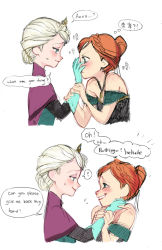 Rule 34 | 2girls, a-ka, anna (frozen), blush, body freckles, elsa (frozen), english text, freckles, frozen (disney), gloves, holding another&#039;s wrist, mixed-language text, multiple girls, siblings, sisters, smelling