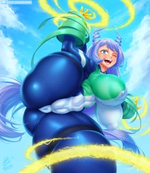 Rule 34 | 1girl, anus, blue bodysuit, blue eyes, blue hair, blush, bodysuit, boku no hero academia, bouncing breasts, breasts, cameltoe, captainjerkpants, cleft of venus, covered anus, covered navel, drill hair, frown, green bodysuit, hadou nejire, hair horns, highres, impossible bodysuit, impossible clothes, large breasts, long hair, long sleeves, looking at viewer, multicolored bodysuit, multicolored clothes, open mouth, outstretched arm, simple background, skin tight, sky, solo, spread legs, twin drills, v-shaped eyebrows, very long hair, white bodysuit
