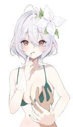 Rule 34 | 1girl, ahoge, alternate breast size, areola slip, bikini, breasts, elf, finger to mouth, flower, green bikini, green nails, grey hair, hair between eyes, hair flower, hair ornament, hand on another&#039;s chest, highres, holding hands, kokkoro (princess connect!), large breasts, open mouth, pink eyes, pointy ears, pov, pov hands, princess connect!, swimsuit, white background, white flower, yupi (yuyupiko01)