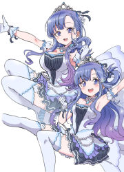 Rule 34 | 2girls, :d, absurdres, aged up, armpits, asari nanami, bare shoulders, black skirt, blue hair, breasts, cleavage, collarbone, commentary request, dual persona, earrings, glint, gloves, gradient background, highres, idolmaster, idolmaster cinderella girls, jewelry, large breasts, long hair, looking at viewer, multiple girls, open mouth, outstretched arm, pizzasi, pleated skirt, purple eyes, purple hair, shirt, simple background, skirt, small breasts, smile, starry sky bright, strapless, teeth, thighhighs, tiara, upper teeth only, very long hair, white background, white gloves, white legwear, white shirt