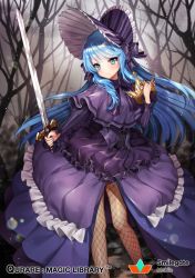 Rule 34 | 1girl, :o, blue eyes, blue hair, blush, bonnet, bow, breasts, cleavage, closed mouth, copyright name, crown, dress, fishnet thighhighs, fishnets, floating hair, flower, frilled hairband, frills, gambe, hair bow, hairband, holding, holding sword, holding weapon, juliet sleeves, lens flare, long hair, long sleeves, looking at viewer, medium breasts, mole, mole under eye, official art, puffy sleeves, purple dress, qurare magic library, red bow, red flower, red rose, rose, skull, solo, standing, sword, thighhighs, watermark, weapon