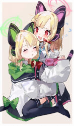 Rule 34 | 2girls, absurdres, animal ear headphones, animal ears, black thighhighs, blonde hair, blue archive, blue necktie, blush, bow, cat ear headphones, cat ears, cat tail, closed eyes, collared shirt, commentary, fake animal ears, fake tail, green bow, green halo, halo, headphones, highres, jacket, long sleeves, low-tied sidelocks, measho, medium hair, midori (blue archive), momoi (blue archive), multiple girls, necktie, open mouth, parted lips, pink halo, red bow, red eyes, shirt, siblings, sisters, tail, thighhighs, twins, white jacket, white shirt