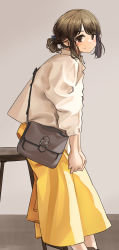Rule 34 | 1girl, absurdres, bag, blush, brown eyes, brown hair, douki-chan (douki-chan), ganbare douki-chan, handbag, highres, looking at viewer, official style, on table, oshiri seijin, shoulder bag, sidelocks, sitting, sitting on table, skirt, smile, solo, sweater, table, white sweater, yellow skirt