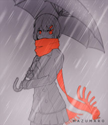 Rule 34 | 1girl, artist name, blazer, commentary, covering own mouth, greyscale, hair ornament, hairclip, holding, holding umbrella, jacket, kagerou project, long sleeves, mazumaro, monochrome, pleated skirt, rain, red eyes, red scarf, scarf, skirt, solo, spot color, tateyama ayano, umbrella