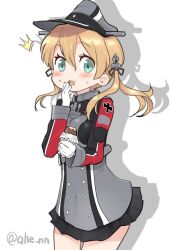 Rule 34 | 1girl, ahenn, aqua eyes, black skirt, blonde hair, blush, cowboy shot, food, gloves, grey hat, hair between eyes, hat, holding, holding food, kantai collection, long hair, long sleeves, low twintails, military uniform, miniskirt, open mouth, peaked cap, pleated skirt, prinz eugen (kancolle), simple background, skirt, solo, sweet potato, twintails, twitter username, uniform, white background, white gloves