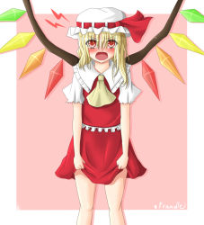 Rule 34 | 1girl, angry, blonde hair, blouse, collared shirt, dotera, embodiment of scarlet devil, female focus, flandre scarlet, frilled vest, frills, hanazome dotera, hat, mob cap, red eyes, shirt, side ponytail, solo, tears, touhou, vest, white shirt, wings