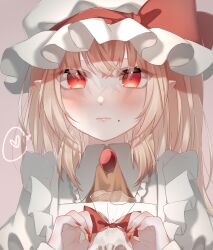Rule 34 | 1girl, ascot, blonde hair, closed mouth, flandre scarlet, frills, grey background, hat, hat ribbon, heart, highres, hisu (hisu ), looking at viewer, medium hair, mob cap, pointy ears, red eyes, red nails, red ribbon, ribbon, side ponytail, simple background, spoken heart, touhou, upper body