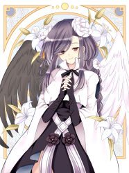 1girl absurdres angel_wings asymmetrical_wings black_dress blue_hair braid braided_ponytail closed_mouth crop_top dizzy_(guilty_gear) dress elbow_gloves fingerless_gloves flower front_slit gloves guilty_gear guilty_gear_strive hair_between_eyes hair_flower hair_ornament highres kinoko5656 long_hair own_hands_together queen_dizzy red_eyes sidelocks smile solo thighs white_background wide_sleeves wings