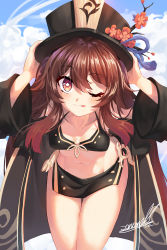 Rule 34 | 1girl, ;p, absurdres, bent over, bikini, black bikini, blush, brown hair, genshin impact, hand on headwear, hat, highres, hu tao (genshin impact), long sleeves, looking at viewer, navel, one eye closed, open clothes, red eyes, swimsuit, symbol-shaped pupils, tongue, tongue out, top hat, twintails, zonunoll
