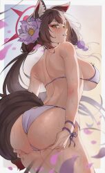Rule 34 | 1girl, absurdres, animal ear fluff, animal ears, ass, ass grab, back, bare shoulders, bikini, blue archive, blush, breasts, brown hair, cowboy shot, flower, fox ears, fox girl, fox tail, from behind, grabbing own ass, gyu chul, hair flower, hair ornament, halo, hands on ass, highres, large breasts, long hair, looking at viewer, looking back, sideboob, solo, string bikini, swimsuit, tail, wakamo (blue archive), wakamo (swimsuit) (blue archive), wet, white bikini, yellow eyes