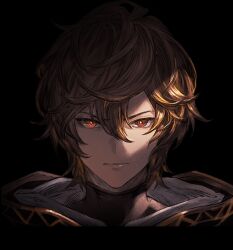 Rule 34 | 1boy, ahoge, bishounen, black background, brown hair, expressionless, facing viewer, furrowed brow, game cg, glowing, glowing eye, granblue fantasy, hood, hood down, light, light frown, looking at viewer, male focus, messy hair, minaba hideo, official art, partially shaded face, red eyes, sandalphon (granblue fantasy), short hair, straight-on, third-party source, turtleneck