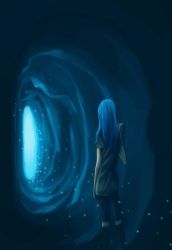 Rule 34 | 3 degrees celsius, back, bad id, bad pixiv id, blue hair, boots, cave, glowing, long hair, original, solo, tunic, tunnel