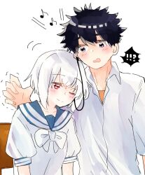 Rule 34 | !, 0404sake, 1boy, 1girl, ?, a certain high school uniform, accelerator (toaru majutsu no index), albino, ambiguous gender, androgynous, black eyes, black hair, blue sailor collar, blush, bow, collared shirt, earphones, head on another&#039;s shoulder, kamijou touma, looking at another, motion lines, musical note, one eye closed, pale skin, red eyes, sailor collar, school uniform, shirt, short hair, short sleeves, sketch, smile, spiked hair, spoken exclamation mark, spoken question mark, standing, suzushina yuriko, table, toaru majutsu no index, trembling, upper body, white background, white bow, white hair, white shirt