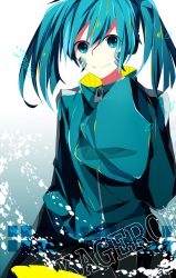 Rule 34 | 1girl, black skirt, blue eyes, blue hair, blue jacket, ene (kagerou project), etoranze, gradient background, highres, jacket, kagerou project, long sleeves, looking at viewer, matching hair/eyes, oversized clothes, short hair, simple background, skirt, smile, solo, tareme, twintails, zipper