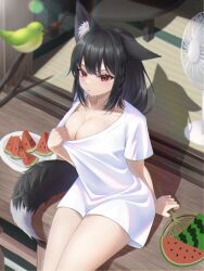 Rule 34 | 1girl, absurdres, animal ear fluff, animal ears, bird, black hair, blush, braid, breasts, cleavage, clothes pull, commentary, ear down, electric fan, food, food print, fox ears, fox girl, fox tail, french braid, fruit, hair between eyes, hand fan, highres, holding, holding fan, hololive, kurokami fubuki, large breasts, lens flare, long hair, looking at viewer, nekorone0222, no bra, oversized clothes, oversized shirt, paper fan, porch, pout, red eyes, shadow, shirt, shirt pull, short sleeves, sidelocks, single braid, sitting, solo, t-shirt, tail, virtual youtuber, watermelon, watermelon print, white shirt