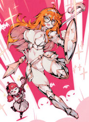 Rule 34 | 2girls, armor, bikini armor, blue eyes, breasts, cerise asteri, closed eyes, commission, glasses, hairband, highres, holding, holding polearm, holding shield, holding staff, holding weapon, kaz asteri, large breasts, long hair, multiple girls, negative frames, orange hair, parororo, polearm, shield, siblings, sisters, solo focus, staff, teeth, upper teeth only, weapon