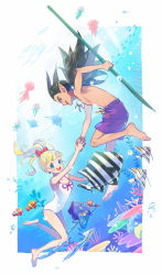 Rule 34 | 1boy, 1girl, 4 fnf, :d, alternate hairstyle, angelfish, bamboo, barefoot, black hair, blonde hair, blue eyes, bow, bow one-piece swimsuit, clownfish, coral reef, dragon quest, dragon quest builders 2, drawstring, earrings, female builder (dqb2), fish, hair bow, high ponytail, holding, holding hands, jewelry, long hair, looking at viewer, low ponytail, male swimwear, manta ray, necklace, official alternate costume, official alternate hairstyle, one-piece swimsuit, open mouth, pink bow, pointy ears, ponytail, profile, purple male swimwear, purple shorts, purple swim trunks, red bow, red eyes, man o&#039; war (dragon quest), short hair, shorts, sidoh (dqb2), smile, spiked hair, squid, summer, swim trunks, swimming, swimsuit, tan, topless male, tropical fish, underwater, white one-piece swimsuit
