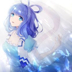 Rule 34 | 1girl, :d, blue dress, blue eyes, blue hair, breasts, cleavage, collarbone, commentary request, dress, frills, hair intakes, hair rings, head tilt, highres, kaku seiga, looking at viewer, medium breasts, namida 33, open mouth, puffy short sleeves, puffy sleeves, shawl, short hair, short sleeves, smile, solo, touhou, upper body, vest, white vest