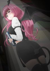 Rule 34 | 1girl, arm between breasts, armband, ass, between breasts, black skirt, black thighhighs, black vest, blush, book, bookshelf, bosutonii, breasts, commentary request, cowboy shot, demon girl, demon tail, demon wings, dutch angle, from behind, from below, frown, hand on own chest, head wings, highres, holding, holding book, indoors, koakuma, long hair, long sleeves, looking at viewer, looking down, medium breasts, midriff peek, miniskirt, pink eyes, pink hair, shirt, skirt, solo, standing, tail, thighhighs, touhou, very long hair, vest, white shirt, wings
