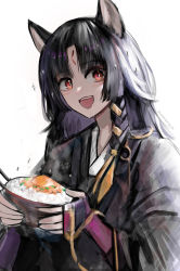Rule 34 | 1girl, absurdres, animal ears, arknights, beads, black hair, blush, bowl, chopsticks, dog ears, dog girl, drooling, eating, food, gauntlets, highres, holding, holding bowl, japanese clothes, long hair, looking at viewer, nattou, open mouth, prayer beads, red eyes, rice, saga (arknights), saliva, shaded face, smile, solo, teeth, wawamachi (wawamachis), white background