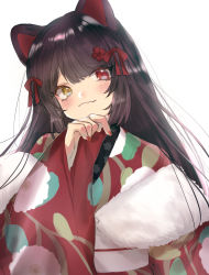 Rule 34 | 1girl, animal ears, black hair, blush, commentary request, fang, fang out, feather boa, floral print, flower, hair flower, hair ornament, hair ribbon, heterochromia, highres, inui toko, inui toko (4th costume), japanese clothes, kimono, long hair, long sleeves, nail polish, nijisanji, ojou-sama pose, print kimono, red eyes, red nails, red ribbon, ribbon, simple background, smile, solo, upper body, virtual youtuber, white background, xiaji xianding pingguo, yellow eyes