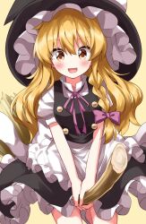 Rule 34 | 1girl, :d, apron, black hat, black skirt, black vest, blonde hair, blush, braid, broom, broom riding, buttons, commentary request, frilled apron, frilled sleeves, frills, hat, highres, kirisame marisa, long hair, open mouth, puffy short sleeves, puffy sleeves, ruu (tksymkw), short sleeves, side braid, single braid, skirt, smile, touhou, very long hair, vest, waist apron, white apron, witch, witch hat, yellow eyes