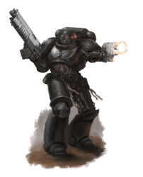 Rule 34 | 1boy, absurdres, adeptus astartes, armor, armored boots, bolter, boots, byrno83, dual wielding, explosive, firing, full armor, glowing, glowing eyes, grenade, gun, handgun, helmet, highres, holding, holding gun, holding weapon, iron hands (warhammer), mechanical arms, mechanical legs, pauldrons, power armor, primaris space marine, red eyes, shoulder armor, simple background, single mechanical arm, single mechanical leg, skull ornament, solo, space marine, standing, warhammer 40k, wax seal, weapon, white background