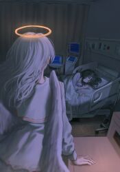 Rule 34 | absurdres, angel, angel wings, bed, blanket, cable, chromatic aberration, curtains, dress, electrical outlet, feathered wings, glowing, grey eyes, halo, hand on table, head on pillow, highres, hospital, hospital bed, indoors, kyano (kyanora3141), light particles, lying, medium hair, monitor, no nose, on bed, original, pillow, star halo, under covers, white dress, white wings, wings, wooden floor, yellow halo