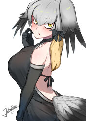 Rule 34 | 1girl, backless dress, backless outfit, black dress, black hair, blush, breasts, dress, elbow gloves, gloves, grey hair, hair between eyes, head wings, highres, john (a2556349), kemono friends, kemono friends 3, large breasts, looking at viewer, multicolored hair, shirt, shoebill (kemono friends), sidelocks, solo, tail, wings